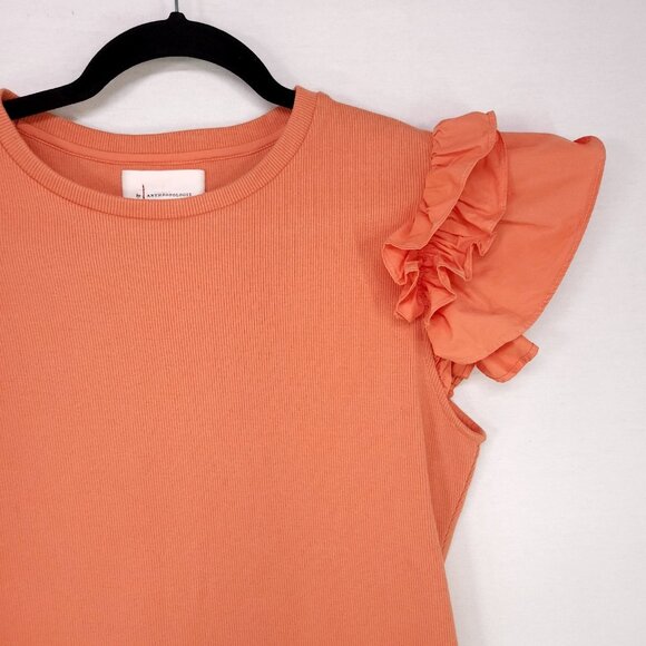 Anthropologie Ribbed Top Size Medium Ruffle Short Cap Sleeve Round Neck Blouse - Picture 9 of 12